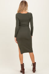 Olive Knit Square Neck Slit Maternity Midi Dress