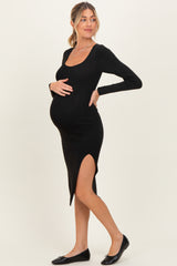 Black Knit Square Neck Slit Maternity Midi Dress