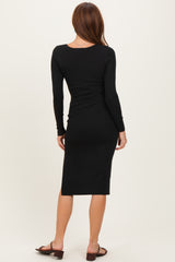 Black Knit Square Neck Slit Midi Dress