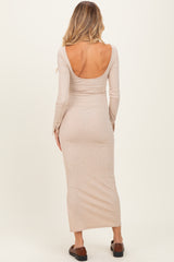 Beige Scoop Back Long Sleeve Maternity Maxi Dress