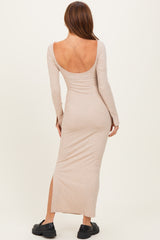 Beige Scoop Back Long Sleeve Maxi Dress