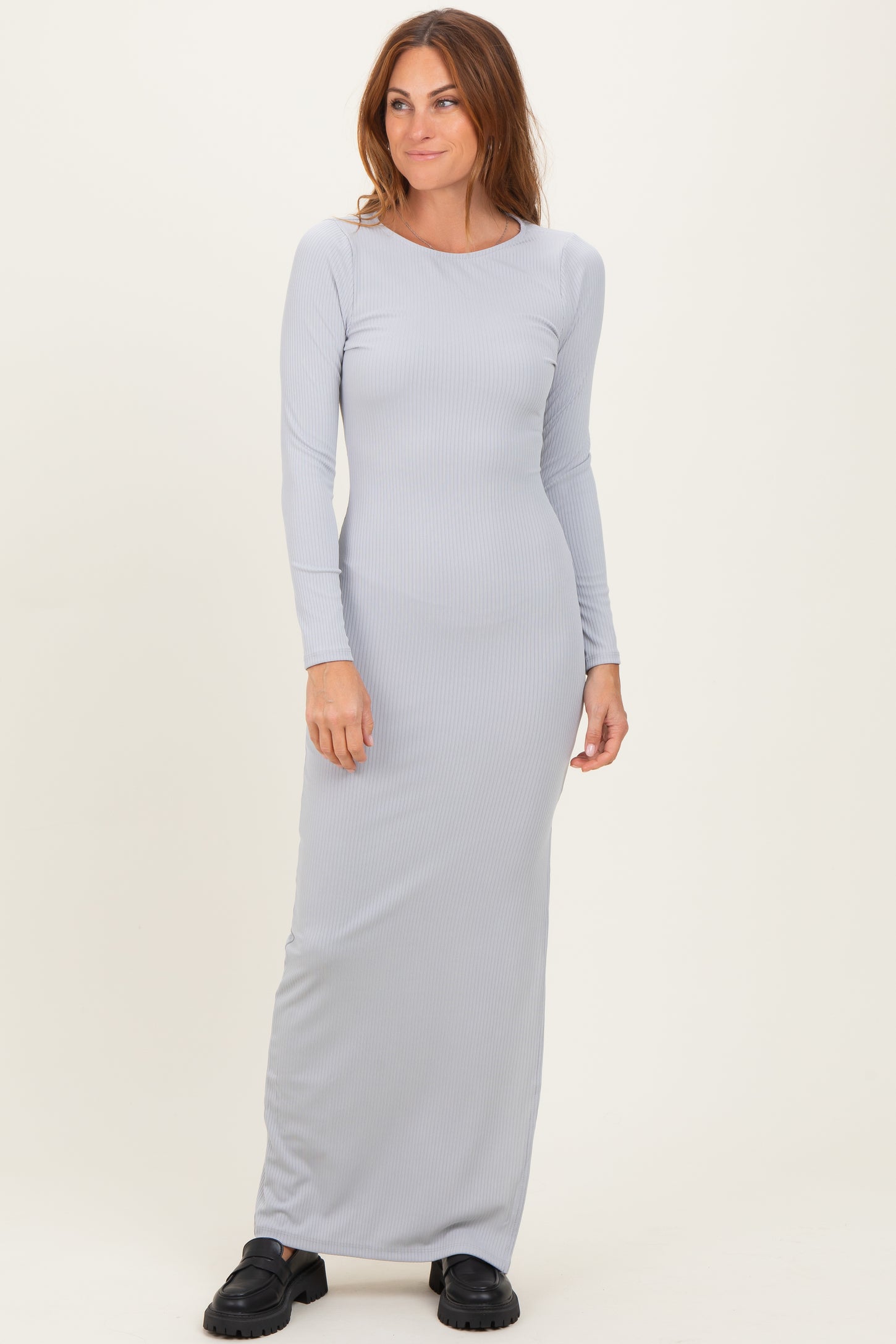Light Grey Ribbed Long Sleeve Side Slit Maternity Maxi Dress