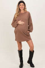 Mocha Bubble Sleeve Maternity Sweatshirt Mini Dress