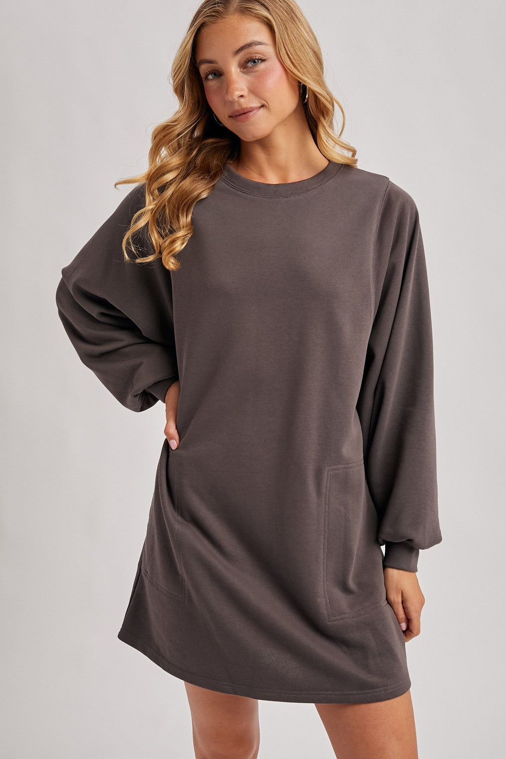 Charcoal Bubble Sleeve Sweatshirt Mini Dress