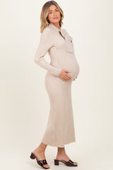 Beige Neck Tie Sweater Maternity Dress