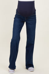 maternity wear dark blue bootcut jeans with a stretchy over-the-bump waistband