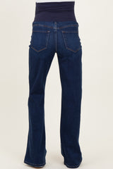 maternity wear dark blue flared jeans with a stretchy navy waistband, shown from the back