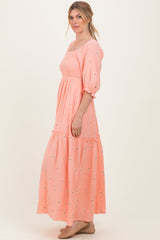Light Pink Floral Smocked Puff Sleeve Maxi Dress