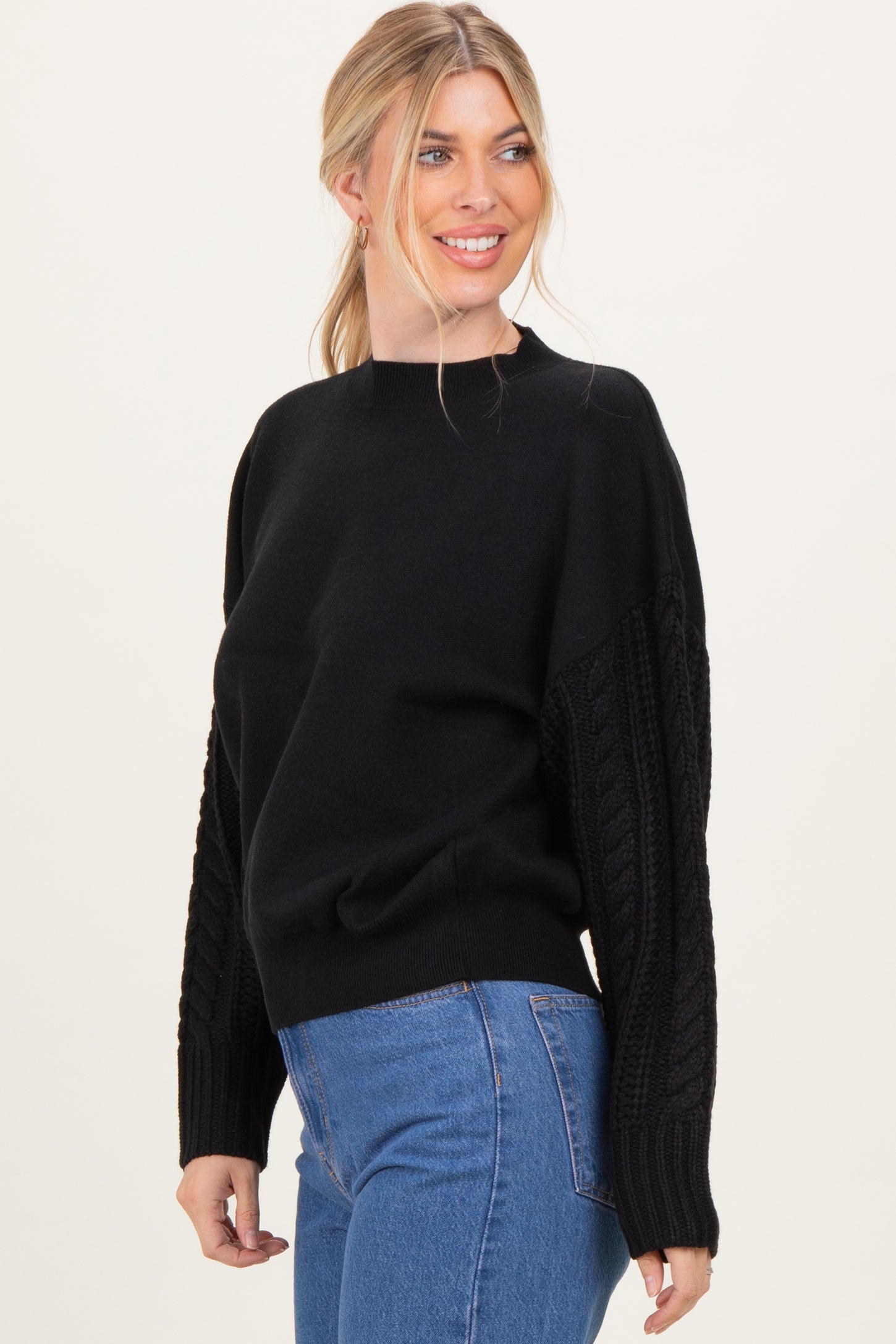 Black Cable Knit Sleeve Round Neck Sweater