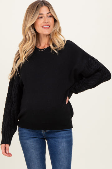 Black Cable Knit Sleeve Round Neck Maternity Sweater