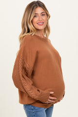 Camel Cable Knit Sleeve Round Neck Maternity Sweater