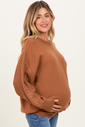Camel Cable Knit Sleeve Round Neck Maternity Sweater