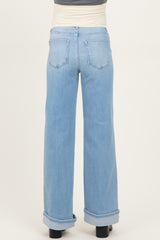 maternity wear light blue wide-leg jeans with a high waist and cuffed hems, shown from the back