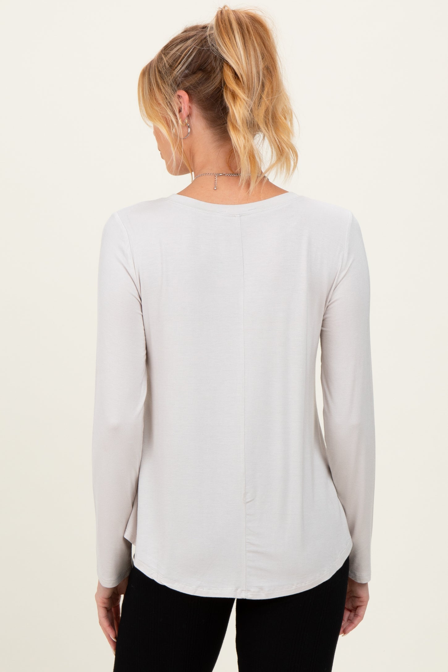 Beige Flowy Round Hem Maternity Long Sleeve Top