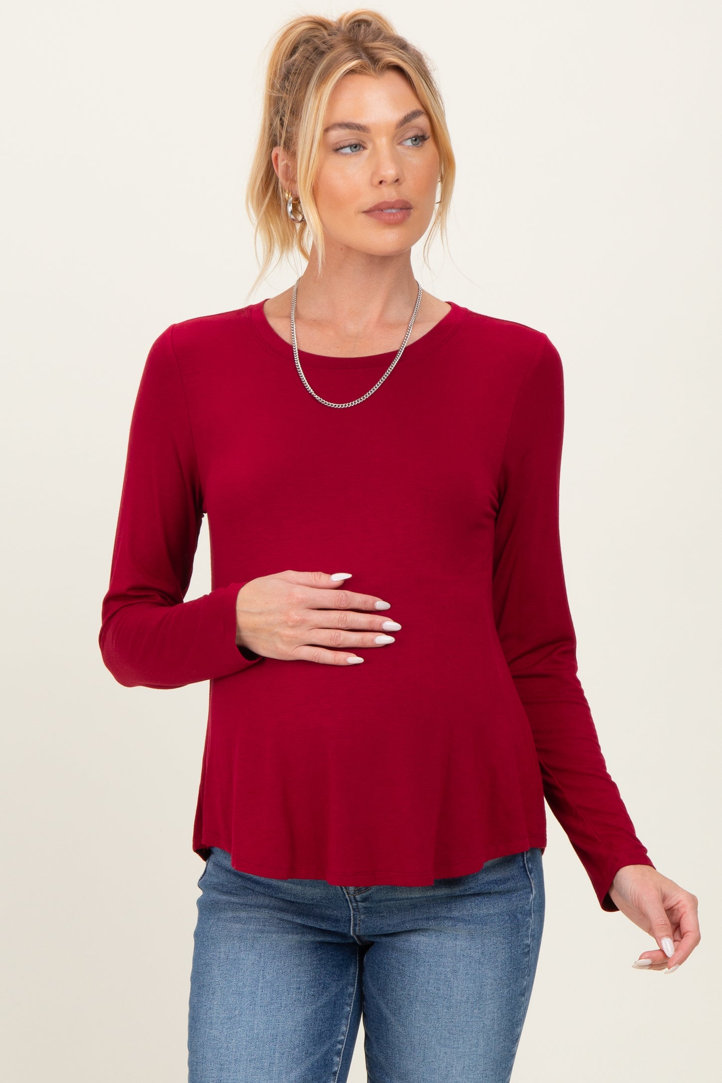 Burgundy Flowy Round Hem Maternity Long Sleeve Top