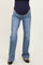 maternity wear blue bootcut jeans with a navy belly support panel, styled with a comfortable fit