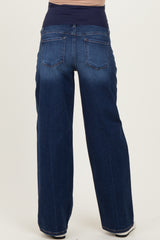 maternity wear dark blue wide-leg jeans with a supportive belly panel, viewed from the back