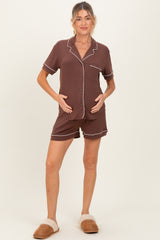 Brown Short Sleeve Button Down Shirt Shorts Maternity Set