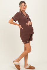 Brown Short Sleeve Button Down Shirt Shorts Maternity Set