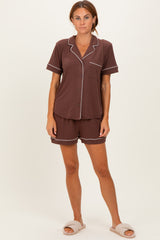Brown Short Sleeve Button Down Shirt Shorts Set
