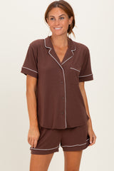Brown Short Sleeve Button Down Shirt Shorts Set