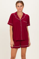Burgundy Short Sleeve Button Down Shirt Shorts Set
