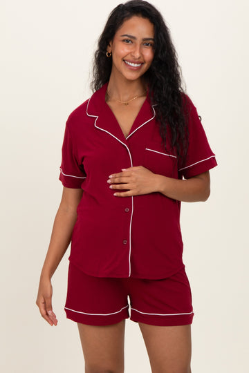 Burgundy Short Sleeve Button Down Shirt Shorts Maternity Set