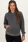 woman wearing a gray maternity hoodie with a front pocket and long sleeves, styled with black leggings
