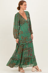 Green Floral Chiffon V-Neck Long Sleeve Maxi Dress