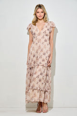 Peach Abstract Print Ruffle Trim Maxi Dress