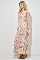 Peach Abstract Print Ruffle Trim Maxi Dress
