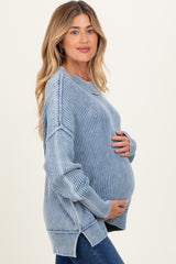 Classic Blue Washed Side Slit Oversized Maternity Sweater