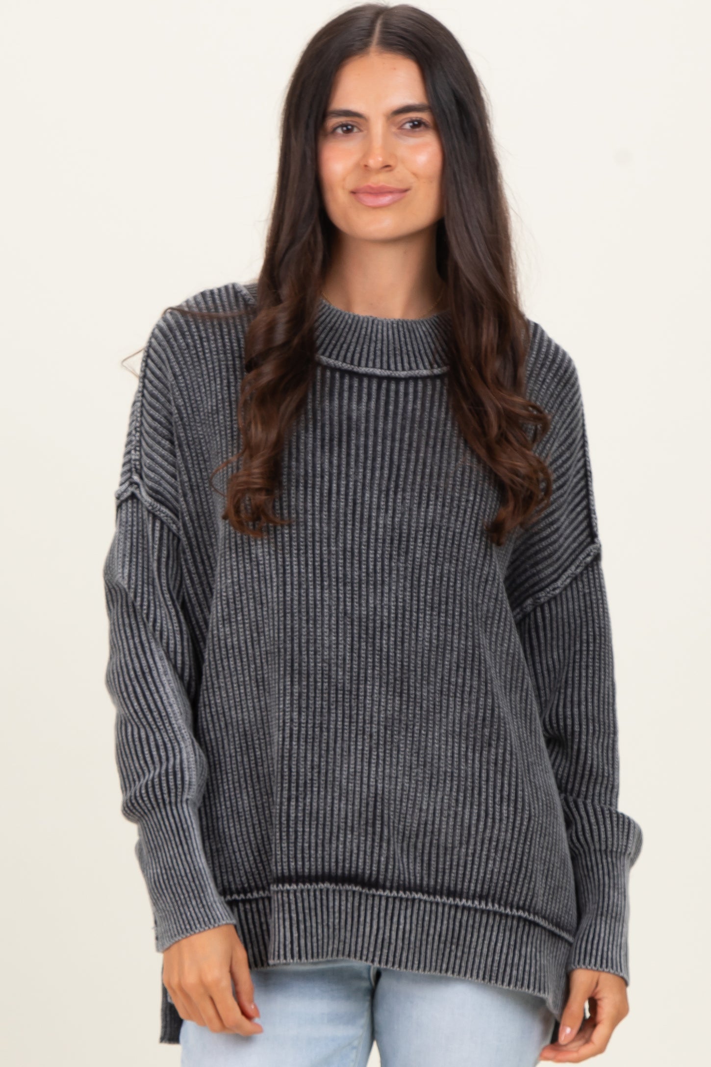 Black Washed Side Slit Oversized Sweater