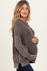 Brown Washed Side Slit Oversized Maternity Sweater