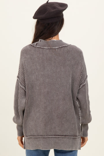 Brown Washed Side Slit Oversized Sweater
