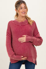 Burgundy Washed Side Slit Oversized Maternity Sweater