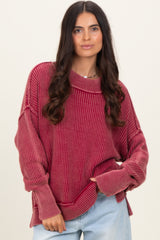 Burgundy Washed Side Slit Oversized Maternity Sweater