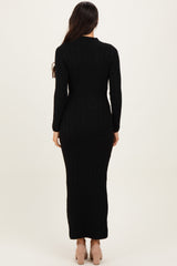 Black Ribbed Front Tie Maxi Sweater Dress