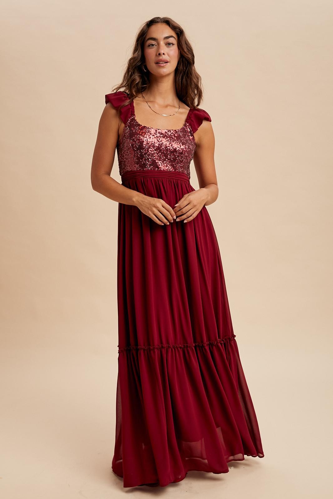 Burgundy Chiffon Sequin Bodice Maxi Dress