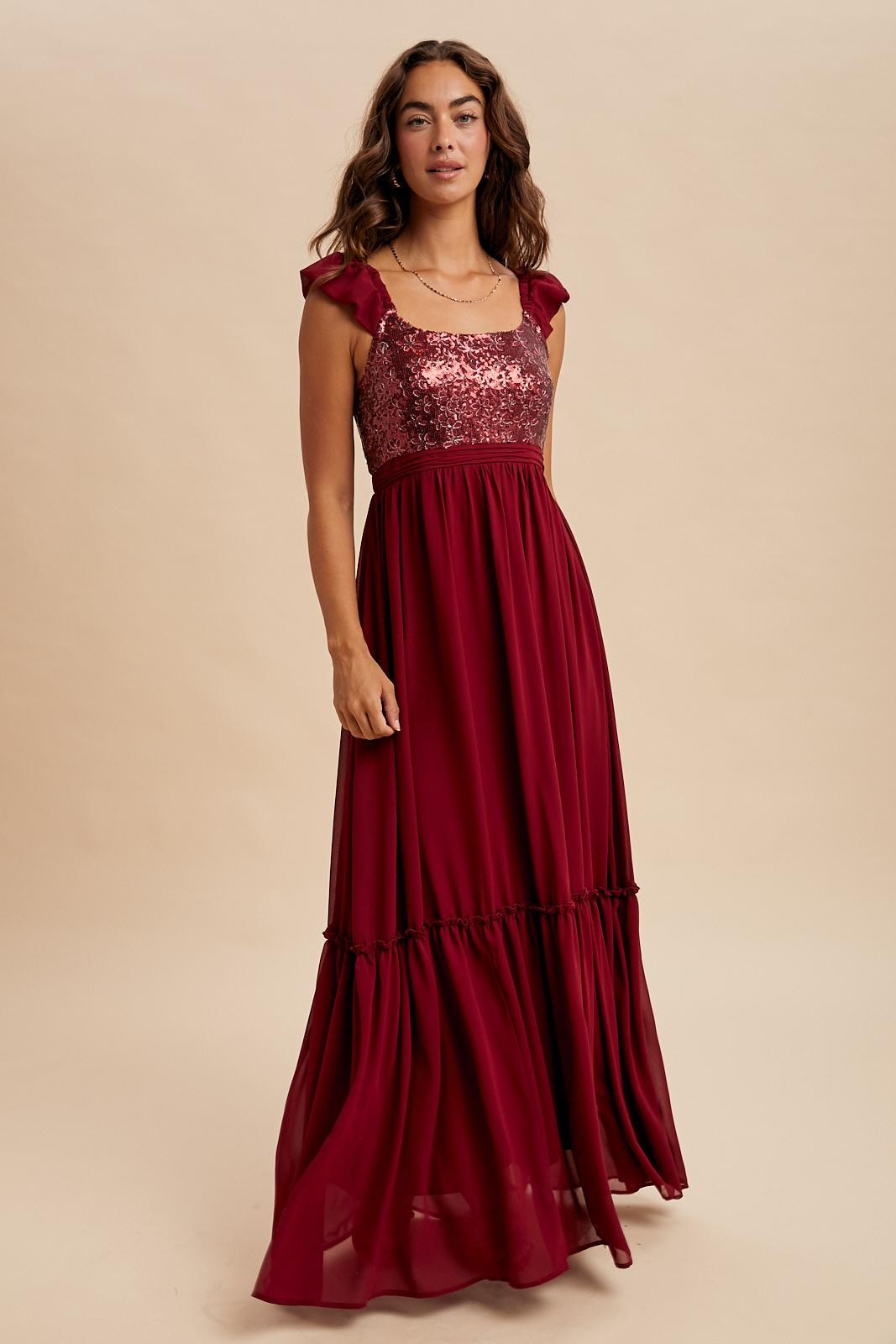 Burgundy Chiffon Sequin Bodice Maxi Dress