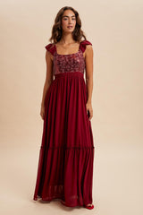 Burgundy Chiffon Sequin Bodice Maxi Dress