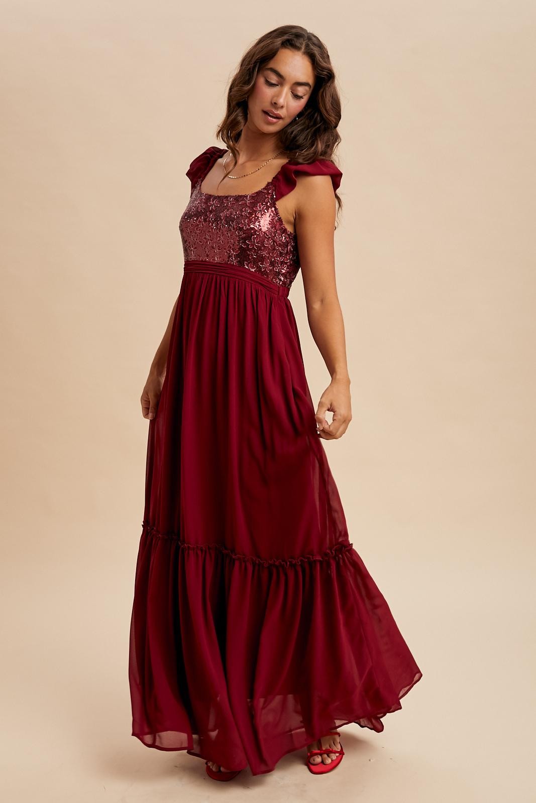 Burgundy Chiffon Sequin Bodice Maxi Dress