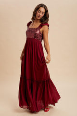 Burgundy Chiffon Sequin Bodice Maxi Dress