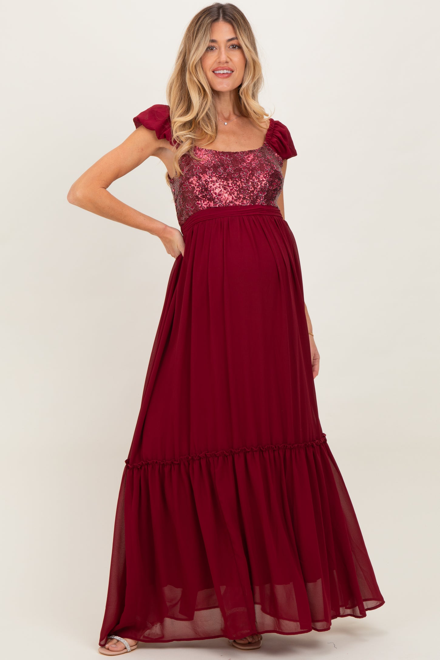 Burgundy Chiffon Sequin Bodice Maternity Maxi Dress