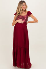 Burgundy Chiffon Sequin Bodice Maternity Maxi Dress