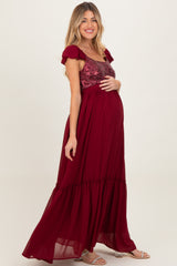 Burgundy Chiffon Sequin Bodice Maternity Maxi Dress