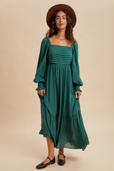 Forest Green Pleated Bodice Long Sleeve Maxi Dress