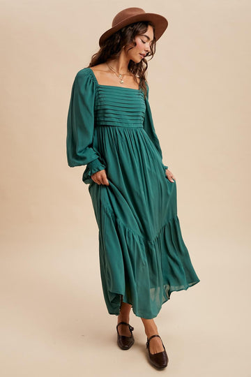 Forest Green Pleated Bodice Long Sleeve Maxi Dress