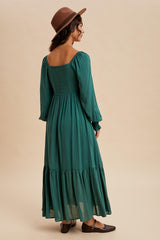 Forest Green Pleated Bodice Long Sleeve Maxi Dress