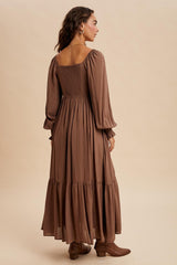 Mocha Pleated Bodice Long Sleeve Maxi Dress